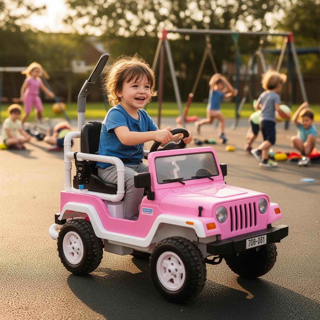 A child driving a custom-modified pink jeep across a sunny playground while other children play in the background.