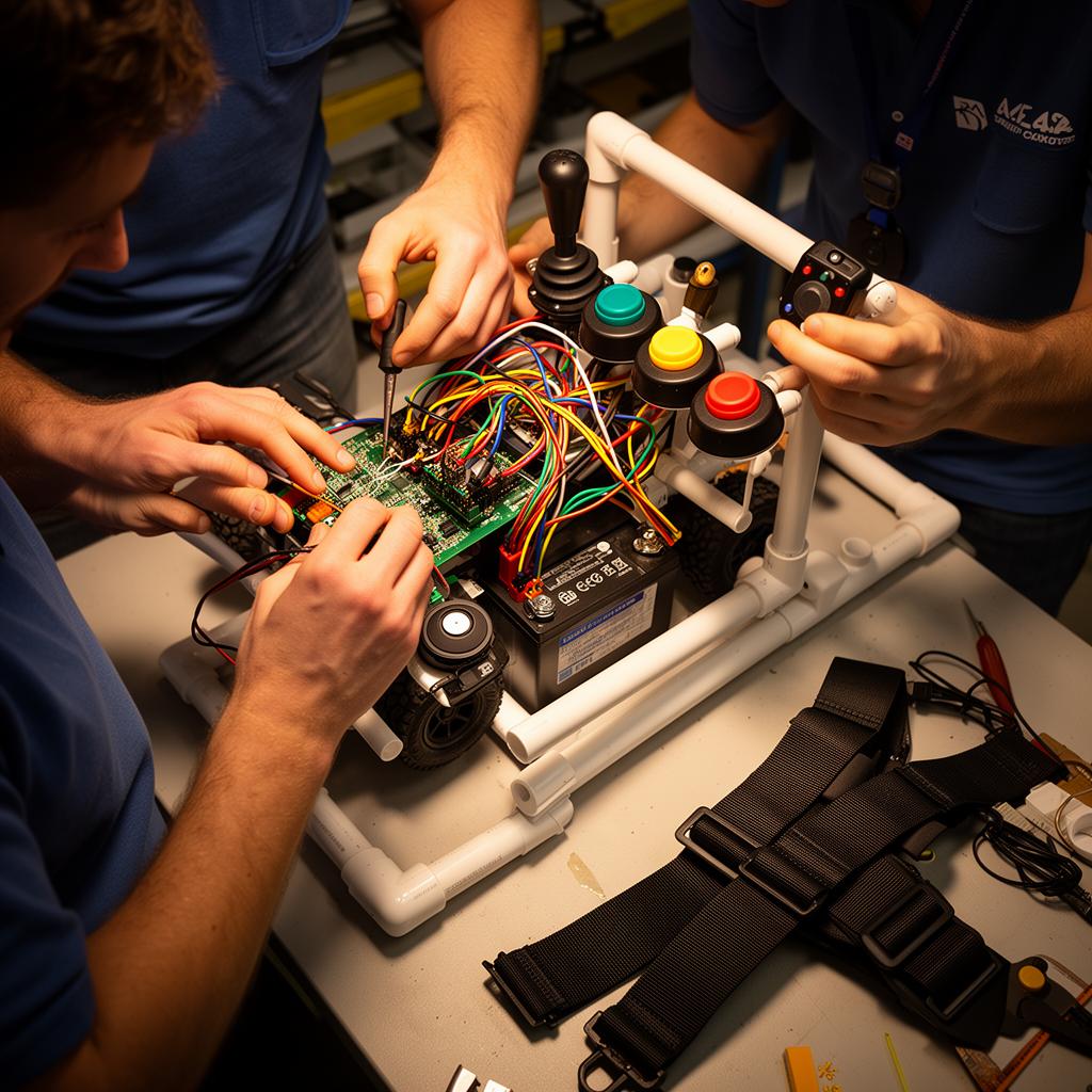 Volunteer engineers wiring a custom circuit board and joystick controls onto a ride-on car frame.